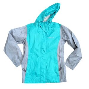 Marmot Kids PreCip Eco Rain Jacket Teal Grey Hooded Shell Coat Sz Medium Camping